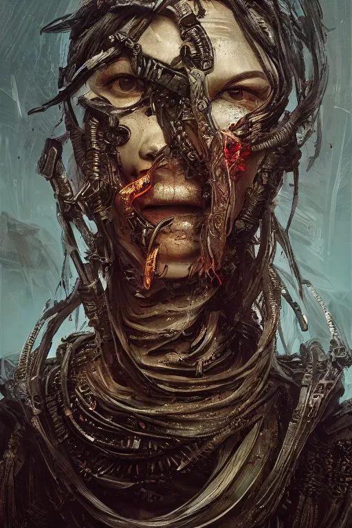 Prompt: post-apocalyptic portrait, in style of Midjourney, stylized, detailed and intricate, elegant, ornate, horror, elite, ominous, haunting, beautiful digital painting, cinematic, cgsociety, Jama Jurabaev, H.R. Giger, James jean, Noah Bradley, Darius Zawadzki, vivid colors and vibrant outlines