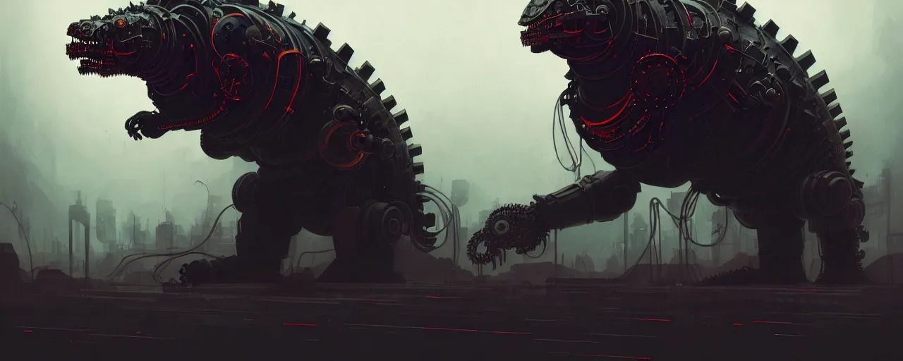 Image similar to duotone noir concept illustration 3 / 4 portrait of mechanical godzilla as steampunk automaton - obsolete technology. cinematic volumentric lighting. cosmic horror. accidental renaissance. by sachin teng and sergey kolesov and ruan jia and heng z. graffiti art, scifi, fantasy, hyper detailed. octane render. concept art. trending on artstation