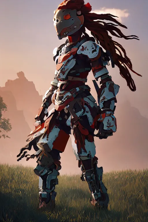 Image similar to combination suit armor aloy horizon forbidden west horizon zero dawn robot ninja mask helmet backpack tribal, aesthetic octane render, 8 k hd resolution, by ilya kuvshinov and cushart krentz and gilleard james radiating a glowing aura cgi rtx 2 0 2 2