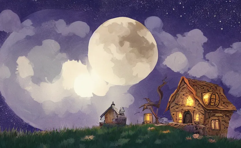 Image similar to a witch's shop on a lonely hill against a giant moon, storybook, gouache, flat, concept art, lush