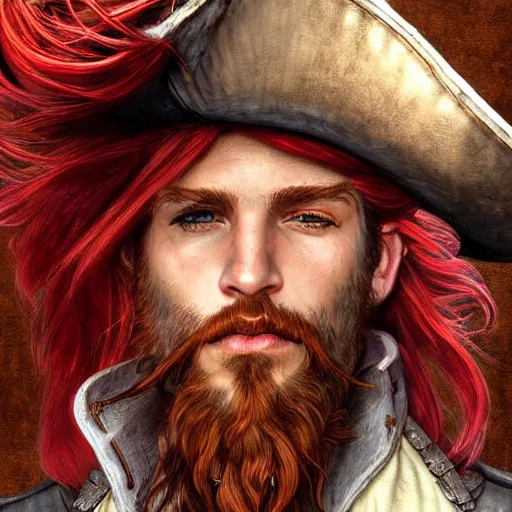 Image similar to rugged playful pirate, 3 0 years old, male, handsome, masculine, red hair, long hair, long beard, soft hair, fantasy, intricate, elegant, highly detailed, steampunk, airship, digital painting, artstation, concept art, character art, smooth, sharp focus, illustration, art by artgerm and greg rutkowski and alphonse mucha