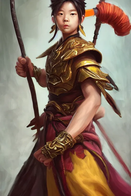 Image similar to a masterpiece portrait of nezha, handsome kid wear holding spear, fantasy character portrait, hyper detailed, digital painting, 8 k realistic, trending on artstation, sharp focus, dof, by ne zha ( 2 0 1 9 ), fenghua zhong, artgerm, ne zha from smite, tsuyoshi nagano, top lighting