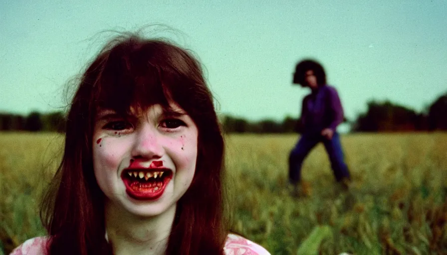 Image similar to 7 0 s film still from a horror movie about a young adult with no teeth in a field, kodachrome, cinecolor, cinestill, film grain, film texture, retro, cinematic, high resolution, photorealism,