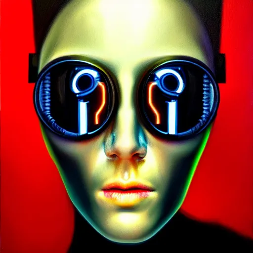 Image similar to hyperrealism oil painting portrait of cyberpunk cyborg fashion model with glowing eyes