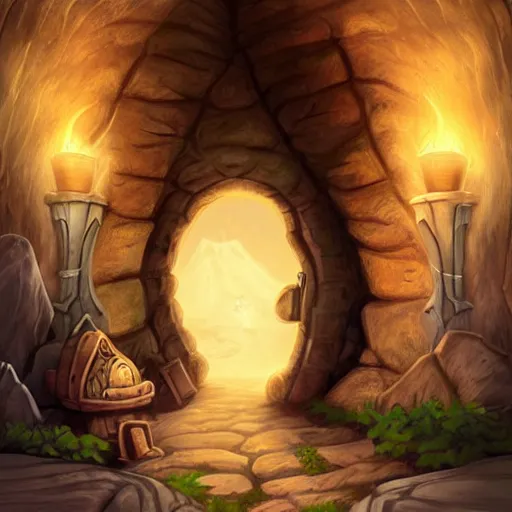 Image similar to a fantasy illustration of a cave door with elvish writing around the door