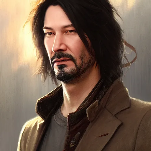 Image similar to Portrait of Keanu, D&D, face, fantasy, intricate, elegant, highly detailed, digital painting, artstation, concept art, smooth, sharp focus, illustration, art by artgerm and greg rutkowski and alphonse mucha