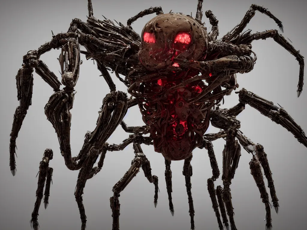 Prompt: Techno-biological iron-meat spider with big artillery cannon in his torso. Consisting of tumors, veins, guts, long spider paws, kidneys, wires, shafts. The head is made of mechanisms and a fanged maw. Bodyhorror, biopunk, extremely high detail, ultra realistic, photorealism, concept art, octane render, view from a distance, 8k, 16k