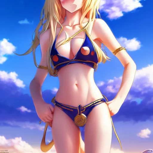 Prompt: a very beautiful anime cute girl, full body, long wavy blond hair, sky blue eyes, full round face, short smile,golden bikini, miniskirt, front view, medium shot, mid-shot, highly detailed, cinematic wallpaper by Stanley Artgerm Lau