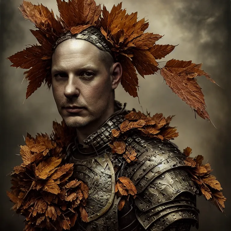 Prompt: old tintype portrait of a realistic complete armour made of leaves, dramatic light, dystopian environment, intricate, elegant, highly detailed, centered headdress, artstation, sharp focus, artgerm, tomasz alen kopera, peter mohrbacher, donato giancola, joseph christian leyendecker, wlop, boris vallejo, frank frazetta