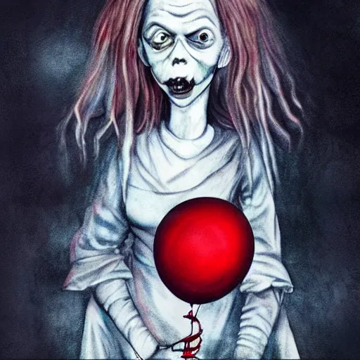 Image similar to grunge painting of a billie eilish with a wide smile and a red balloon by tim burton, loony toons style, pennywise style, corpse bride style, rick and morty style, creepy lighting, horror theme, detailed, elegant, intricate, conceptual