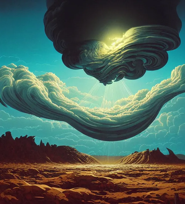 Image similar to a giant 🌊 swirling in the sky above a barren 🏜 by ivan shishkin and zacharias aagaard and simon stalenhag and dan mumford and josan gonzalez, surrealism, chiaroscuro, hyper detailed, high saturation, retrowave