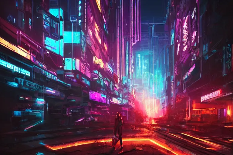 Image similar to artwork of bright cyberpunk glow, epic mysterious surrealism, digital matte painting in the style of liam wong