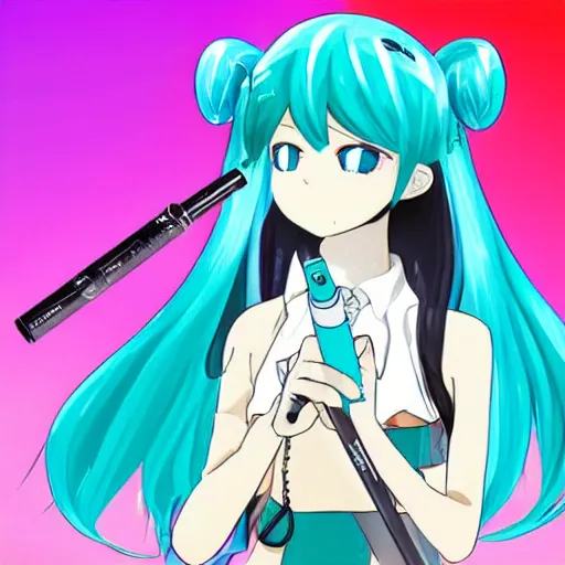 Prompt: hatsune miku getting high by smoking weed with a vape pen, smoke everywhere