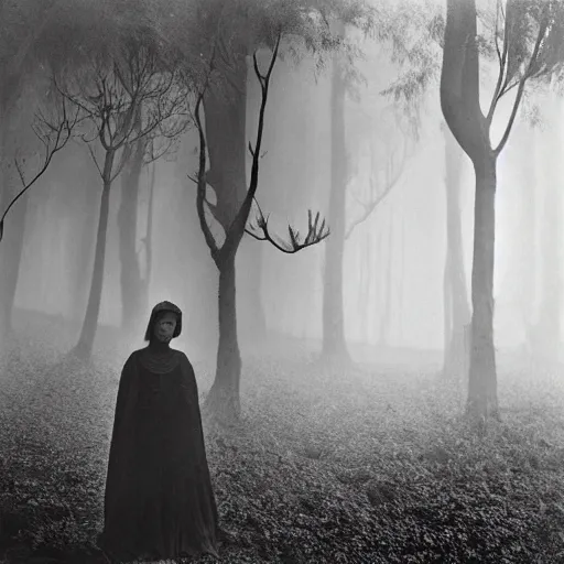 Image similar to an ancient evil-girl on a mysterious fractal forest, mist, 1910 photography, Black and white