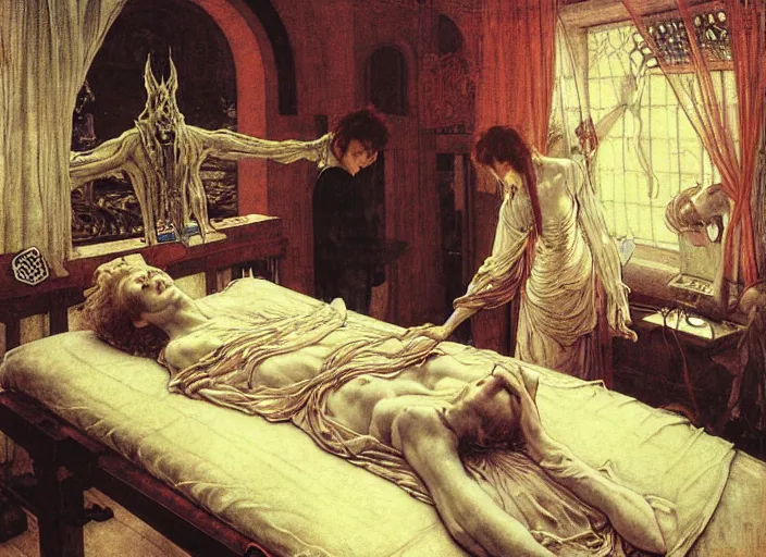 Image similar to the mind mender, standing, hospital room setting, medical tray, injured patient on bed, extremely detailed, painting by arthur rackham, eugene de blaas, frederic leighton, scifi, neo - gothic, intricate, rich deep colors. beksinski painting, part by adrian ghenie and gerhard richter. art by takato yamamoto. masterpiece