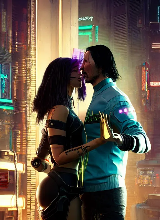 Image similar to a highly detailed photorealistic cyberpunk 2077 couple portrait of a Keanu Reeves as johnny silverhand and a female android in final kiss with lots of electric cable behind them connected to giant computer,couple pose,love,fantasy, intricate, elegant,by Alex Horley and Greg Rutkowski,artstation,deviantart,FAN ART,Unreal Engine,Digital painting,face enhance,8K,golden ratio,cinematic lighting