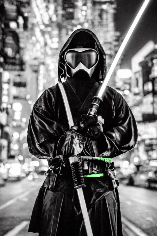 Prompt: slow shutter speed photo of a cyberpunk samurai with neon katana