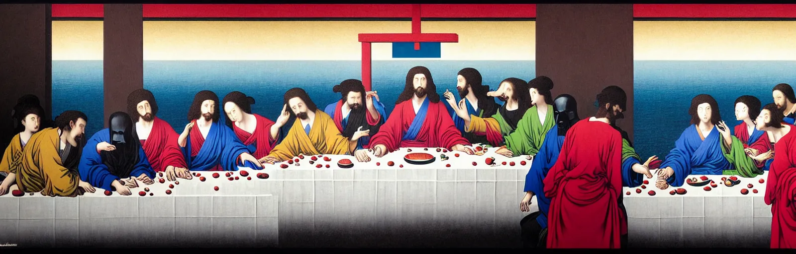 Prompt: colorful!!! the last supper by rene magritte, hokusai, darth vader by laurie greasley and bouguereau, ( ( etching by gustave dore ) ), ultraclear intricate, sharp focus, highly detailed digital painting illustration, concept art, masterpiece