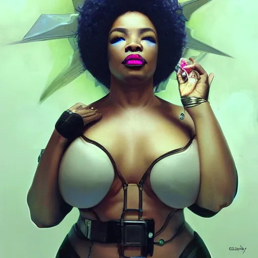 Image similar to cyberpunk fat oprah winfrey head domme mistress, full body, dominatrix, tribal, smooth white tight clothes suit, ornate, very beautiful, concept art, realistic painting, androgynous, afrofuturism, daz 3 d, cinematic, cgsociety, digital art by greg rutkowski, by alphonse mucha,