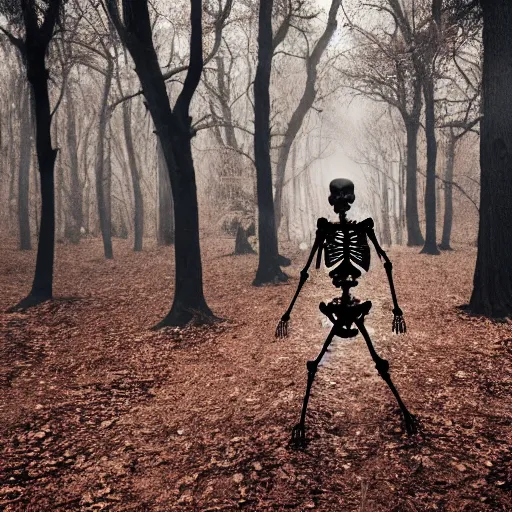 Prompt: a mysterious photography of a skeleton walking in a wood, hyper detailed, dark, 8 k, hd,