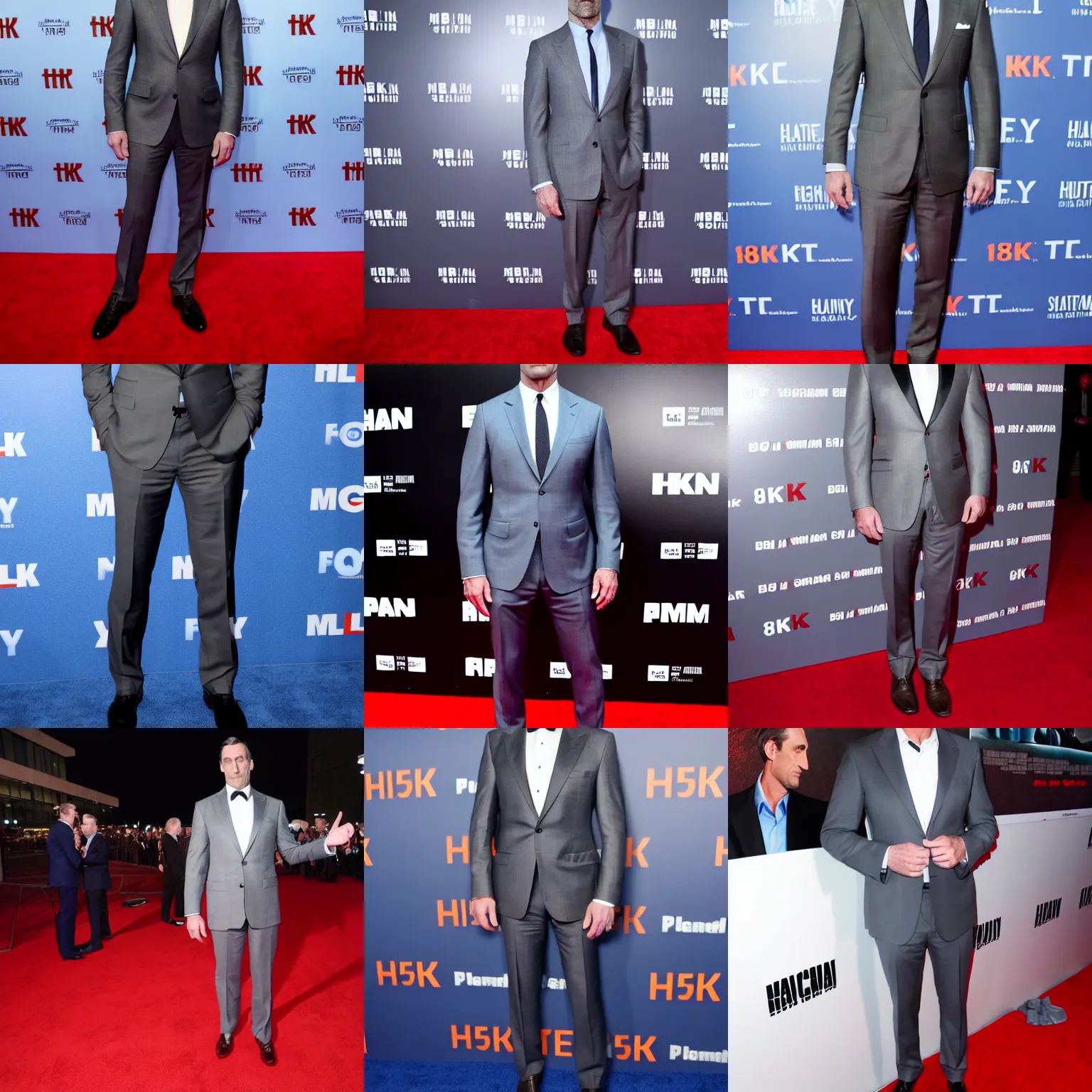 Prompt: full body 8k highly detailed photograph of John Hamm wearing a tight grey suit, black tie, blue shoes, on the red carpet at a movie premiere