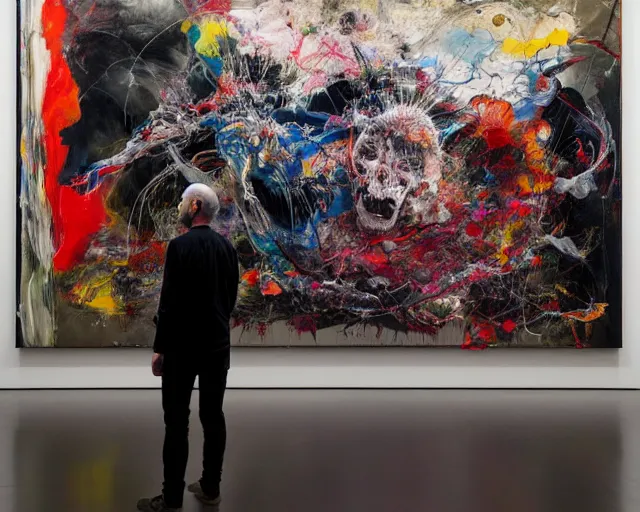 Image similar to otherworldly being standing in gallery of art, a brutalist designed, rich deep vivid colours, broad brush strokes!, painted by francis bacon, michal mraz, adrian ghenie, nicola samori, james jean!!! and petra cortright, part by gerhard richter, part by takato yamamoto. 8 k masterpiece.