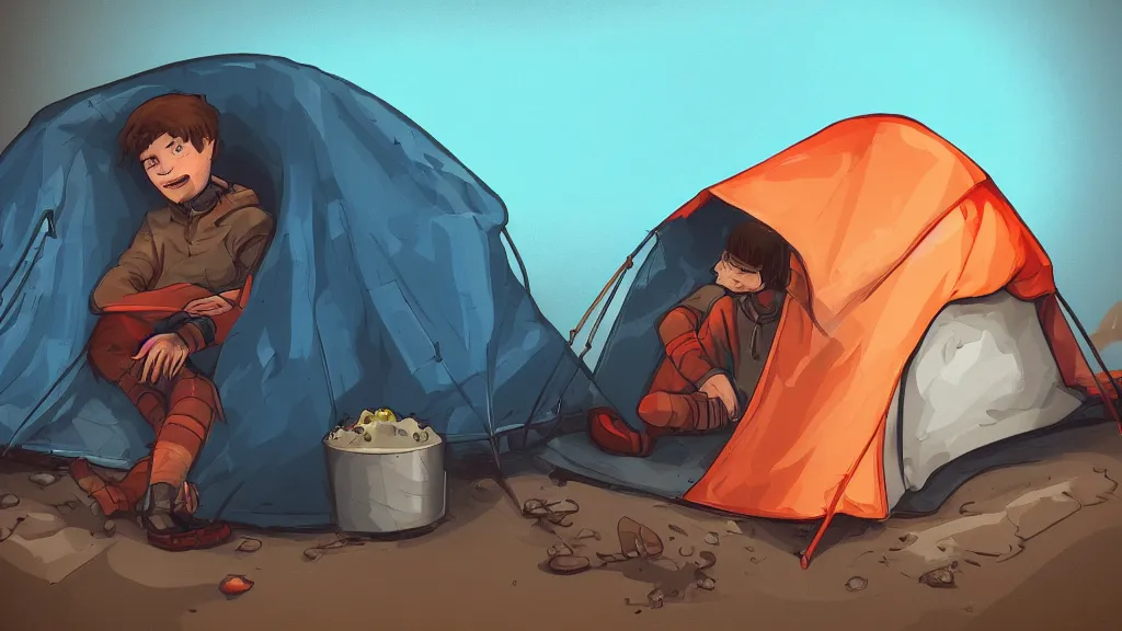 Prompt: an illustration of a teenage kid in a tent, drunk and vomiting all around his tent, fisheye lens, high contrast, highly detailed, sharp focus, digital painting, 3 d art, illustration, trending on artstation,