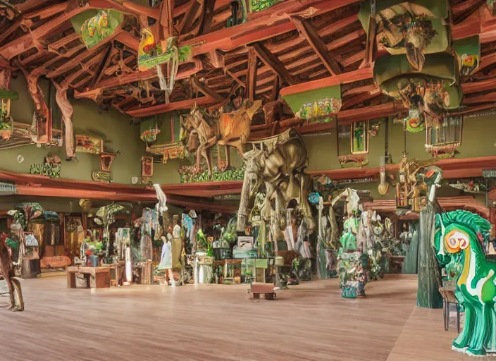 Image similar to main hall with horse statues, green and brown decorations by studio ghibli painting