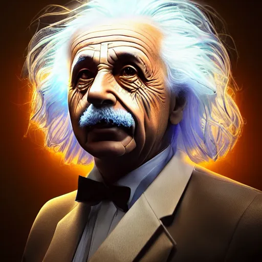 Image similar to portrait ethereal biomechanical android albert einstein with incredible technological hair, masterpiece crystalline incrustations, hyper - detailed face, elegant posed, intricate, octane render, cinematic lighting, cgsociety, unreal engine,