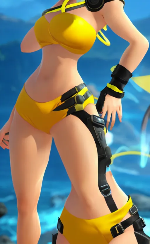 Image similar to tracer game character, in yellow bikini, blonde hair, black eyes, full height