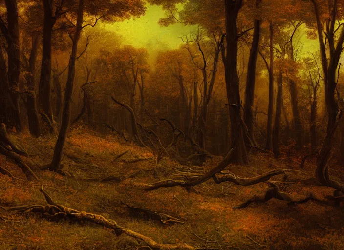 Prompt: scorched forest landscape, style of albert bierstadt, digital art, vibrant, golden ratio