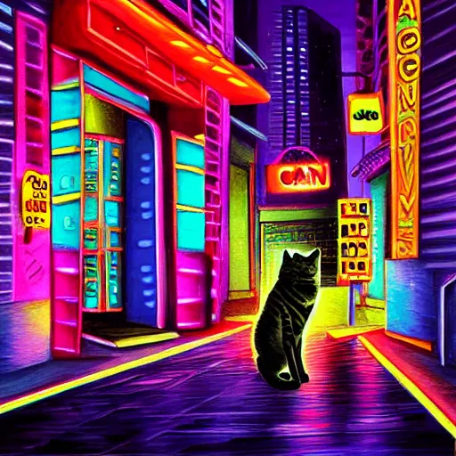 Image similar to neon city with cat realistic painting