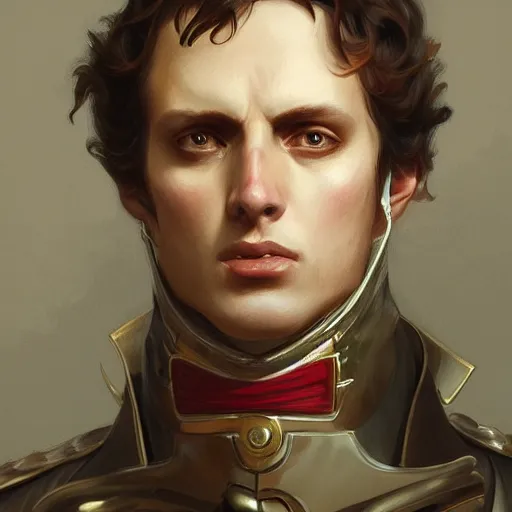 Image similar to Fierce Napoleon, closeup, intricate, elegant, highly detailed, digital painting, artstation, concept art, matte, sharp focus, illustration, art by Artgerm and Greg Rutkowski and Alphonse Mucha