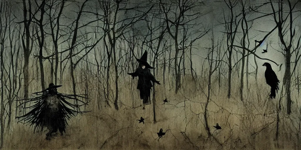 Image similar to the creepy witch with crows, out in the dark woods, a painting by Andrew Wyeth