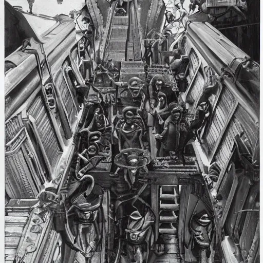 Image similar to human clones loaded onto a boxcar, biomechanical railroad, highly detailed, War Photography, Pushead art, by H.R. Giger