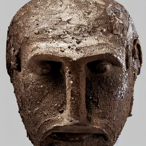 Image similar to an extremely ancient ironman bust that is tarnished and covered in sediment from uncovered earth expedition, rare photograph, smithsonian,