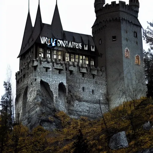 Image similar to wolfenstein castle, giant castle in mountains, scary, creepy, at night