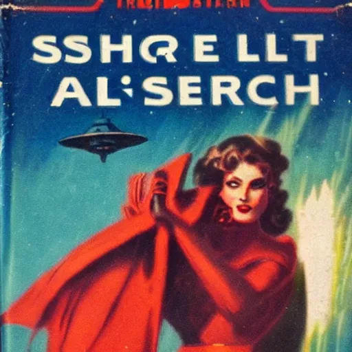 Image similar to vintage sci-fi book cover, high detail, damsel in distress, warm azure tones, red color bleed, film grain