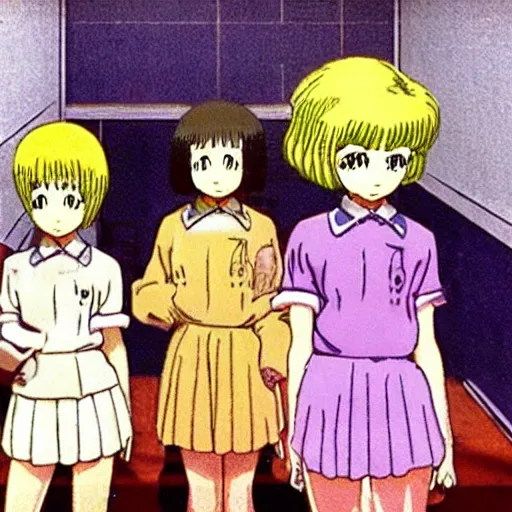 Image similar to screenshot from guro anime, 8 0's horror anime, yellowed grainy vhs footage with noise, schoolgirls trapped in a bathroom, girls are in beige sailor school uniforms, one girl has white hair, detailed expressive faces, various hair colors and styles, various ages, in the style of studio ghibli,