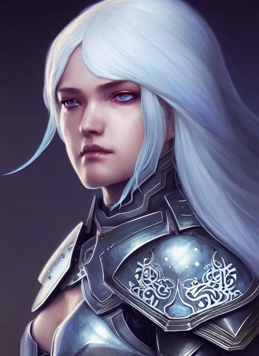 Image similar to light azure armor!!! long wild white hair!! covered chest!!! fantasy, d & d, intricate ornate details, digital painting, pretty face!!, symmetry, concept art, sharp focus, illustration, art by artgerm! greg rutkowski magali villeneuve wlop! ilya kuvshinov!!, octane render