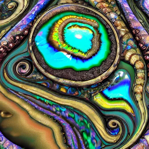 Prompt: Art Nouveau cresting oil slick waves, hyperdetailed bubbles in a shiny iridescent oil slick wave, ammolite, dinosaur bone, detailed giant opalized ammonite shell, black opal, abalone, paua shell, ornate copper patina medieval ornament, rococo, organic rippling spirals, octane render, 8k 3D, druzy geode, cresting waves and seafoam