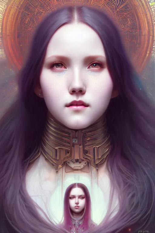 Image similar to portrait painting of olivia hye loona cyberpunk netrunner smiling, ultra realistic, concept art, intricate details, eerie, highly detailed, photorealistic, octane render, 8 k, unreal engine. art by artgerm and greg rutkowski and magali villeneuve and alphonse mucha