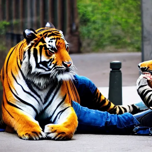 Image similar to photography of a tiger and a policeman smoking marijuana in the streets