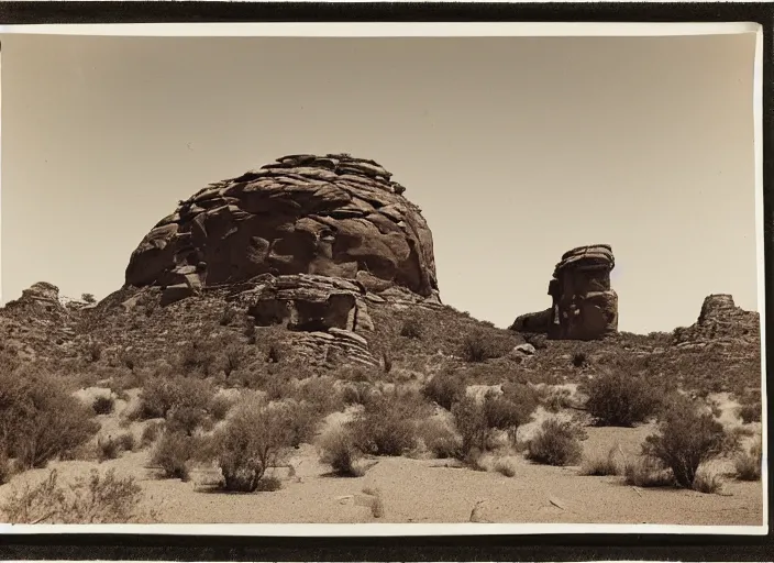 Image similar to Photograph of a chimney rock piercing through lush desert vegetation and boulders with distant mesas in the background, albumen silver print, Smithsonian American Art Museum