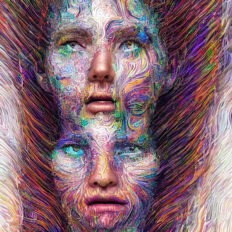 Image similar to An epic photo illustration of female symmetrical portrait by Michael Sydney Moore, Alex Grey, Irakli Nadar, hyper detailed, one face in center, multicolored, 50mm, award winning photography