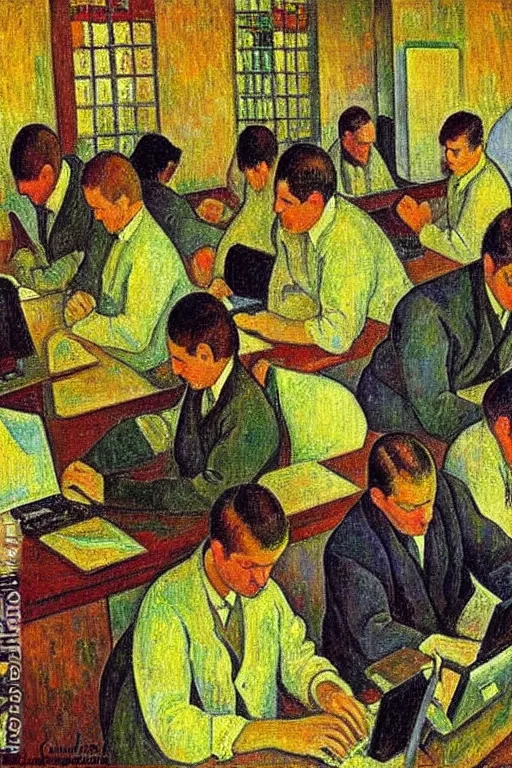 Image similar to oil painting highly detailed computer workers in office painted by paul gaugin, impressionism