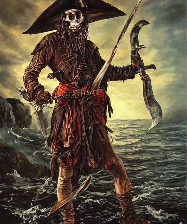 Image similar to ultra realistic color portrait painting of an undead 1 7 th century pirate with a sword in a grotto, dark, painted, brooding, atmospheric, seascape, horror, smooth, epic, highly detailed, cinematic, by larry elmore