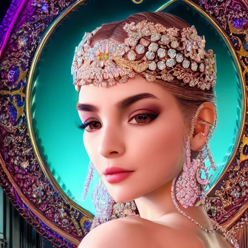 Image similar to portrait of pretty princess with perfect skin, glowing, ornate and intricate diamond jewelry, jaw dropping beauty, ornate and intricate backdrop, white accent lighting, hyper detailed, 4 k octane render