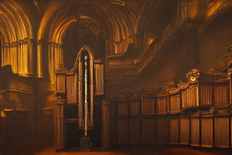 Prompt: pipe organ shape carved into dark smoke, high detail baroque oil painting