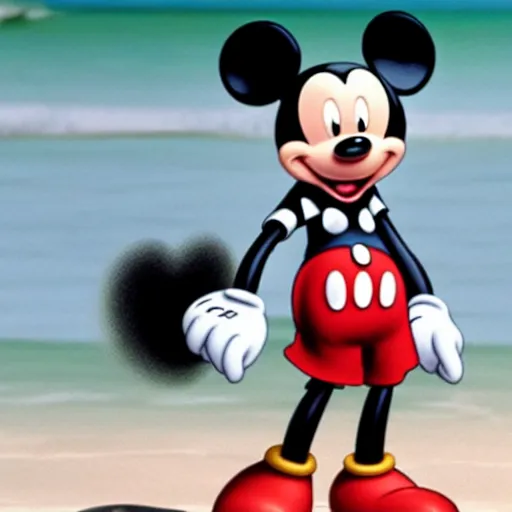 Prompt: Mickey Mouse staring at Kate Beckinsale on the beach, she is annoyed,